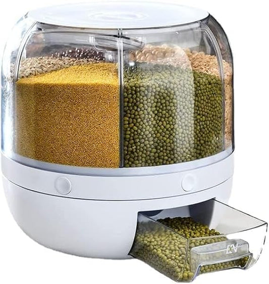6-Grid Rotating Food Dispenser - Rice Bucket Storage Tank, Cereal Dispenser