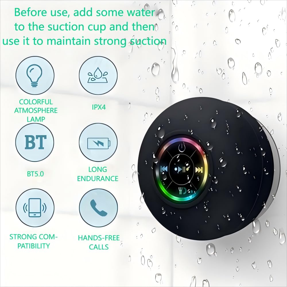 Waterproof Bluetooth Shower Speaker with LED Lights | Suction Mount | Rechargeable