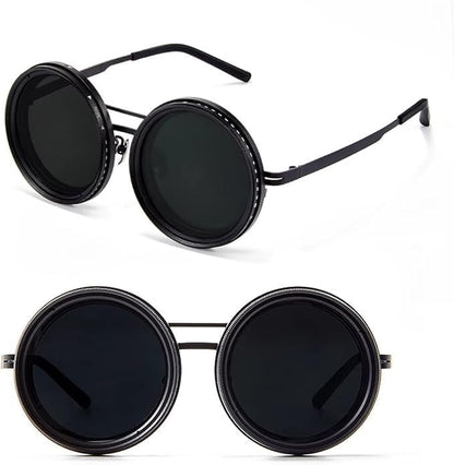 Vintage Round Steampunk Black Sunglasses – UV400 Retro Metal Frame