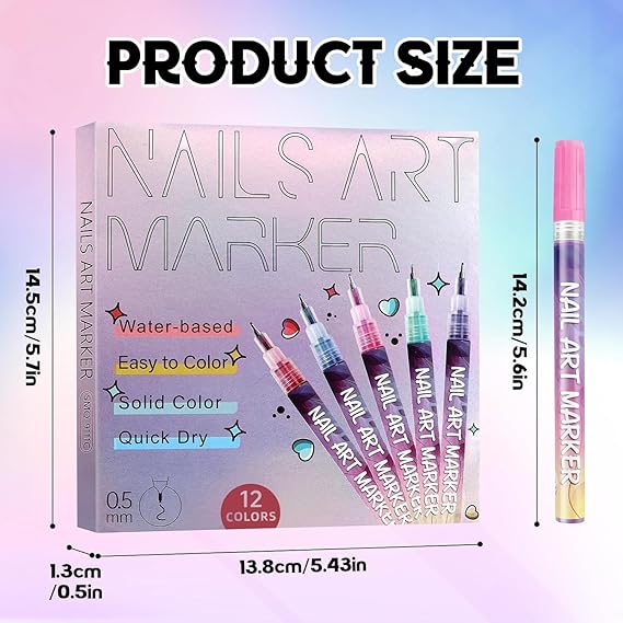 Nail Art Marker Pens Set (12 Colors) – Quick-Dry, Water-Based & Easy Nail Design Tool
