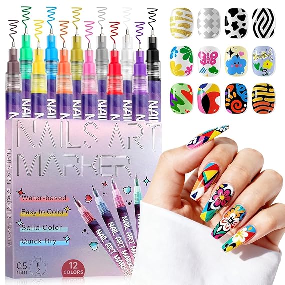 Nail Art Marker Pens Set (12 Colors) – Quick-Dry, Water-Based & Easy Nail Design Tool