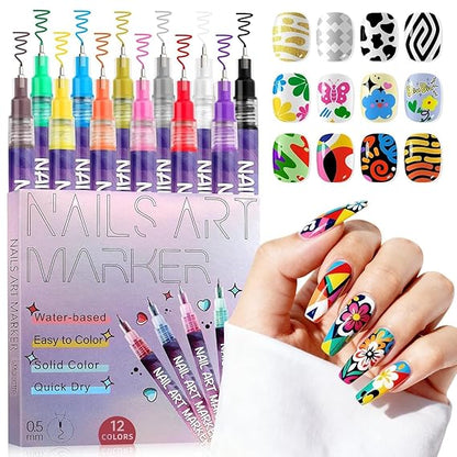 Nail Art Marker Pens Set (12 Colors) – Quick-Dry, Water-Based & Easy Nail Design Tool