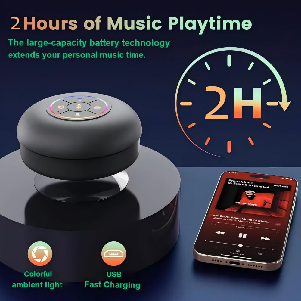 Waterproof Bluetooth Shower Speaker with LED Lights | Suction Mount | Rechargeable